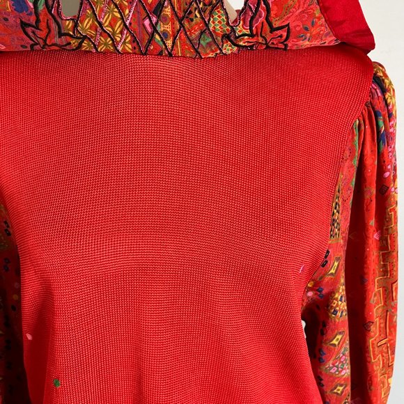 Vintage Diane Freis Long Sleeve Mixed Media Blouse Statement Collar Silk Red - Picture 12 of 12